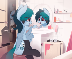 Size: 3043x2515 | Tagged: safe, artist:nevobaster, oc, oc only, oc:delta vee, species:pegasus, species:pony, clothing, dress, eye clipping through hair, female, glasses, happy, laundry, lipstick, makeup, mare, milf, mirror, open mouth, sitting, socks, solo, thigh highs, wing hold