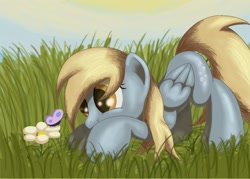 Size: 1400x1000 | Tagged: safe, artist:grennadder, character:derpy hooves, species:pegasus, species:pony, butterfly, female, flower, grass, insect, mare