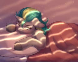 Size: 1280x1030 | Tagged: safe, artist:peachmayflower, oc, oc only, species:pony, species:unicorn, bed, blanket, female, in bed, lying down, mare, pillow, prone, solo, waking up
