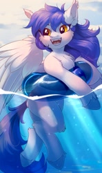 Size: 759x1280 | Tagged: safe, artist:peachmayflower, oc, oc only, oc:gabriel, species:pegasus, species:pony, chest fluff, ear fluff, fangs, female, floating, inner tube, mare, solo, swimming, water