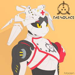 Size: 2400x2400 | Tagged: safe, artist:mopyr, oc, oc only, species:anthro, biomechanoid, black sclera, cyborg, design, genderless, original species, red cross, science fiction, simple background, solo