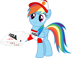 Size: 1263x1024 | Tagged: safe, artist:kayman13, character:rainbow dash, species:pegasus, species:pony, clothing, food, hat, holding, logo, pizza, pizza box, shirt, simple background, smiling, that pony sure does love pizza, transparent background, vector