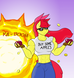 Size: 1280x1355 | Tagged: safe, artist:matchstickman, character:apple bloom, species:anthro, species:earth pony, abs, apple, apple brawn, biceps, bits, breasts, busty apple bloom, buy some apples, clothing, coin, comic, cool guys don't look at explosions, deltoids, explosion, female, fingerless gloves, food, gloves, gradient background, jeans, kaboom, mare, matchstickman's apple brawn series, midriff, money, muscles, no dialogue, older, older apple bloom, pants, pecs, shirt, single panel, solo, straw in mouth, sunglasses, tank top, tumblr comic, tumblr:where the apple blossoms