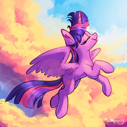 Size: 1000x1000 | Tagged: safe, artist:lollipony, character:twilight sparkle, character:twilight sparkle (alicorn), species:alicorn, species:pony, cloud, cute, ear fluff, eyes closed, female, flying, mare, profile, scenery, sky, smiling, solo, spread wings, twiabetes, wings