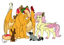 Size: 1070x747 | Tagged: safe, artist:colourstrike, character:fluttershy, oc, oc:chrysanthos, parent:big macintosh, parent:fluttershy, parents:fluttermac, species:parrot, species:pegasus, species:pony, species:rabbit, alternate hairstyle, animal, annoyed, colored hooves, colored wings, colored wingtips, ear fluff, eye clipping through hair, female, floppy ears, like mother like son, male, mare, mother and son, offspring, raccoon, short hair, simple background, squirrel, stallion, tail feathers, white background