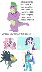 Size: 1280x2212 | Tagged: safe, artist:ta-na, character:gabby, character:princess ember, character:rarity, character:spike, character:sweetie belle, species:dragon, ship:emberspike, ship:spabby, ship:sparity, ship:spikebelle, episode:the last problem, g4, my little pony: friendship is magic, spoiler:s09, blushing, dragon lord ember, female, gigachad spike, harem, male, older, older spike, romantic, shipping, spike gets all the mares, straight, teasing, winged spike
