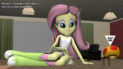 Size: 1920x1080 | Tagged: safe, artist:scalelover, character:fluttershy, my little pony:equestria girls, 3d, adorasexy, alice in wonderland, ashamed, clothing, cute, eating, embarrassed, female, giantess, giantshy, growth, implied eating, macro, mega mushroom, new super mario bros., nintendo, sad, sexy, sitting, skirt, source filmmaker, super mario bros., tank top, text
