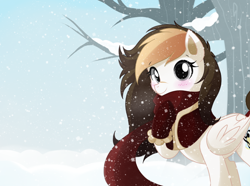 Size: 800x596 | Tagged: safe, artist:hikariviny, oc, oc only, oc:sweet lullaby, species:pegasus, species:pony, blushing, clothing, female, hoof gloves, mare, one hoof raised, scar, scarf, smiling, snow, solo, tail wrap, tree, winter