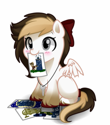Size: 893x1016 | Tagged: safe, artist:hikariviny, character:doctor whooves, character:time turner, oc, oc:sweet lullaby, species:pegasus, species:pony, blushing, bow, crayon, dalek, deformed wing, doctor who, drawing, female, filly, hair bow, jewelry, key, mouth hold, necklace, paper, tail wrap, tardis, the doctor, time machine, unshorn fetlocks