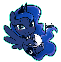 Size: 990x1012 | Tagged: safe, artist:lilliesinthegarden, character:princess luna, species:alicorn, species:pony, beanbrows, blushing, chibi, crown, cute, ethereal mane, eyebrows, eyebrows visible through hair, female, galaxy mane, heart eyes, jewelry, lunabetes, mare, mare in the moon, moon, regalia, simple background, solo, tangible heavenly object, white background, wingding eyes