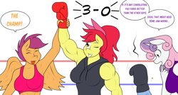 Size: 1280x687 | Tagged: safe, artist:matchstickman, character:apple bloom, character:scootaloo, character:sweetie belle, oc, oc:calm wind, species:anthro, species:earth pony, species:pegasus, species:pony, species:unicorn, anthro oc, apple brawn, armpits, biceps, boxing gloves, boxing ring, breasts, busty apple bloom, busty scootaloo, busty sweetie belle, clothing, comic, cutie mark crusaders, deltoids, dialogue, female, injured, male, mare, matchstickman's apple brawn series, muscles, muscular female, older, older apple bloom, older scootaloo, older sweetie belle, simple background, single panel, stallion, tumblr comic, tumblr:where the apple blossoms, white background