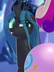 Size: 1080x1440 | Tagged: safe, artist:dmann892, character:princess cadance, character:queen chrysalis, species:alicorn, species:changeling, species:pony, and do a little shake, butt, changeling queen, eye clipping through hair, eyes on the prize, fanfic art, fangs, female, frown, implied cadalis, implied lesbian, implied shipping, looking at something, lovebutt, mare, plot, raised eyebrow, solo focus