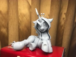 Size: 4032x3024 | Tagged: safe, artist:hitbass, artist:shuxer59, artist:v747, character:queen chrysalis, species:changeling, changeling queen, collaboration, cute, cutealis, female, figurine, frog (hoof), heart, irl, looking at you, on side, open mouth, photo, smiling, solo, underhoof, wip