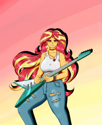 Size: 2200x2700 | Tagged: safe, artist:albertbm, character:sunset shimmer, my little pony:equestria girls, breasts, busty sunset shimmer, clothing, digital art, electric guitar, female, guitar, musical instrument, smiling, solo