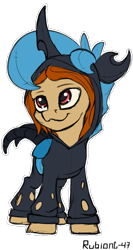 Size: 500x939 | Tagged: safe, artist:rubiont, oc, oc only, oc:artist rubiont, oc:change, species:changeling, species:pony, blue changeling, camouflage, changeling costume, clothing, costume, disguise, kigurumi, plushie, simple background, sketch, solo, suit, transparent background