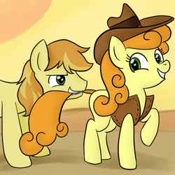 Size: 945x945 | Tagged: safe, artist:megasweet, artist:rustydooks, character:braeburn, character:carrot top, character:golden harvest, species:earth pony, species:pony, ship:carrotburn, abstract background, accessory swap, female, male, mare, shipping, smiling, stallion, straight, tail, tail pull