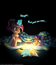 Size: 2000x2304 | Tagged: safe, artist:jadedjynx, character:princess cadance, character:twilight sparkle, blanket, book, filly, filly twilight sparkle, firefly, magic, reading