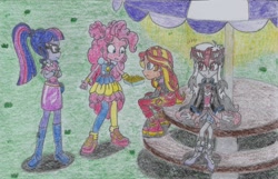 Size: 2104x1356 | Tagged: safe, artist:nephilim rider, character:pinkie pie, character:sunset shimmer, character:twilight sparkle, character:twilight sparkle (scitwi), oc, oc:heaven lost, species:eqg human, equestria girls:sunset's backstage pass, g4, my little pony: equestria girls, my little pony:equestria girls, spoiler:eqg series (season 2), shoes, sneakers, traditional art