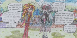 Size: 2300x1136 | Tagged: safe, artist:nephilim rider, character:sunset shimmer, oc, oc:heaven lost, equestria girls:sunset's backstage pass, g4, my little pony: equestria girls, my little pony:equestria girls, spoiler:eqg series (season 2), traditional art