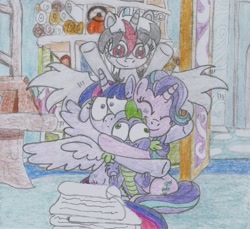 Size: 1407x1288 | Tagged: safe, artist:nephilim rider, character:spike, character:starlight glimmer, character:twilight sparkle, character:twilight sparkle (alicorn), oc, oc:heaven lost, species:alicorn, species:dragon, species:pony, episode:a horse shoe-in, g4, my little pony: friendship is magic, hug, nephilim, traditional art, winged spike