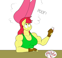 Size: 1280x1185 | Tagged: safe, artist:matchstickman, character:apple bloom, species:anthro, species:earth pony, species:pony, apple, apple bloom's bow, apple brawn, apple slice, biceps, bow, breasts, busty apple bloom, clothing, comic, deltoids, eating, female, fingerless gloves, food, gloves, growth, hair bow, impossibly large bow, looking up, magic, mare, matchstickman's apple brawn series, muscles, older, older apple bloom, onomatopoeia, pecs, simple background, single panel, sleeveless shirt, solo, table, tumblr comic, tumblr:where the apple blossoms, wat, white background