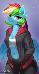 Size: 793x1500 | Tagged: safe, artist:iloota, character:rainbow dash, species:anthro, species:pegasus, species:pony, breasts, busty rainbow dash, chest fluff, cleavage, cleavage fluff, clothing, cute, dashabetes, ear fluff, female, hands in pockets, hoodie, jacket, looking at you, mare, pants, smiling, solo