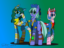 Size: 2560x1920 | Tagged: safe, artist:derpanater, oc, oc only, oc:harp melody, oc:slowtrot, oc:star charter, species:earth pony, species:pony, fallout equestria, beard, boots, clothing, facial hair, gradient background, hat, piercing, pipbuck, scarf, shoes, smiling, socks, vault suit