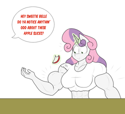 Size: 1280x1165 | Tagged: safe, artist:matchstickman, character:sweetie belle, species:anthro, species:pony, species:unicorn, abs, apple, apple slice, biceps, breasts, busty sweetie belle, clothing, comic, deltoids, dialogue, eating, female, food, levitation, magic, mare, muscle growth, muscles, offscreen character, older, older sweetie belle, pecs, shirt, shocked, simple background, single panel, solo, speech bubble, sweetie barbell, table, telekinesis, torn shirt, tumblr comic, tumblr:where the apple blossoms, white background