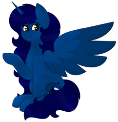 Size: 879x909 | Tagged: safe, artist:midnightamber, oc, oc only, oc:midnight, species:alicorn, species:pony, alicorn oc, critique requested, gradient eyes, long hair, long mane, long tail, raised hoof, shading, shading practice, simple background, sitting, smiling, solo, transparent background, wing open, wing out