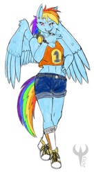 Size: 400x736 | Tagged: safe, artist:ethanqix, character:rainbow dash, species:anthro, belly button, clothing, female, headphones, midriff, piercing, shirt, shoes, shorts, sneakers, socks, solo, watch