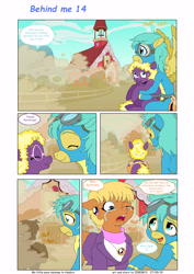 Size: 6197x8760 | Tagged: safe, artist:jeremy3, character:ms. harshwhinny, character:sunshower raindrops, oc, oc:valentine, species:earth pony, species:pegasus, species:pony, comic:behind me, alternate universe, clothing, comic, dust cloud, playground, ponyville, ponyville schoolhouse, saddle bag, swing, teary eyes, uniform, wonderbolts, wonderbolts uniform