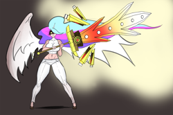 Size: 1907x1264 | Tagged: safe, artist:franschesco, character:princess celestia, species:human, angry, big breasts, breasts, busty princess celestia, horn, horned humanization, huge breasts, humanized, sword, weapon, winged humanization, wings, yandelestia, yandere