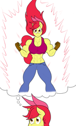 Size: 889x1459 | Tagged: safe, artist:matchstickman, character:apple bloom, species:anthro, species:earth pony, species:pony, abs, apple bloom's bow, apple brawn, biceps, bow, breasts, busty apple bloom, clothing, comic, deltoids, female, fingerless gloves, gloves, hair bow, jeans, looking at you, mare, matchstickman's apple brawn series, midriff, muscles, no dialogue, older, older apple bloom, pants, pecs, simple background, single panel, solo, sports bra, super saiyan, thinking, thought bubble, tumblr comic, tumblr:where the apple blossoms, white background