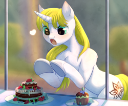 Size: 2300x1900 | Tagged: safe, artist:peachmayflower, oc, oc only, oc:snow veil, species:pony, species:unicorn, bipedal, bipedal leaning, cake, cute, drool, eyes on the prize, female, food, heart, heart eyes, leaning, looking at something, mare, open mouth, semi-anthro, shoes, solo, want, window, wingding eyes