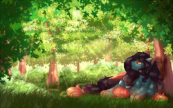 Size: 1700x1061 | Tagged: safe, artist:peachmayflower, oc, oc only, species:pegasus, species:pony, commission, dappled sunlight, female, forest, freckles, gradient hooves, looking up, mare, outdoors, prone, smiling, solo, sunlight, tree, ych result