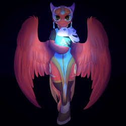 Size: 2500x2500 | Tagged: safe, artist:peachmayflower, oc, oc only, species:pegasus, species:pony, black background, clothing, cyborg, female, mare, overwatch, semi-anthro, simple background, solo, symmetra