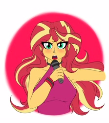Size: 2500x2800 | Tagged: safe, artist:albertbm, character:sunset shimmer, equestria girls:rainbow rocks, g4, my little pony: equestria girls, my little pony:equestria girls, abstract background, armpits, breasts, busty sunset shimmer, circle background, cute, female, halter top, looking at you, microphone, open mouth, shimmerbetes, simple background, singing, sleeveless, solo, white background