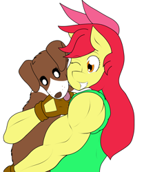 Size: 1280x1530 | Tagged: safe, artist:matchstickman, character:apple bloom, character:winona, species:anthro, species:dog, species:earth pony, species:pony, adorabloom, apple bloom's bow, apple brawn, biceps, bow, carrying, clothing, collie, cute, deltoids, duo, female, fingerless gloves, gloves, hair bow, mare, matchstickman's apple brawn series, muscles, older, older apple bloom, one eye closed, panting, shirt, simple background, single panel, tumblr comic, tumblr:where the apple blossoms, white background, winonabetes