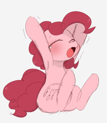 Size: 890x1024 | Tagged: safe, artist:manachaaaaaaaa, character:pinkie pie, species:earth pony, species:pony, armpits, cute, diapinkes, eyes closed, female, gray background, mare, open mouth, pixiv, simple background, sitting, solo, stretching, yawn