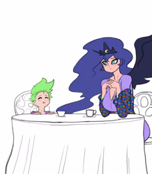 Size: 3054x3508 | Tagged: safe, artist:franschesco, character:princess luna, character:spike, species:human, alicorn humanization, breasts, busty princess luna, eyes closed, food, horn, horned humanization, human spike, humanized, implied shipping, implied spiluna, open mouth, sitting, tea, winged humanization, wings
