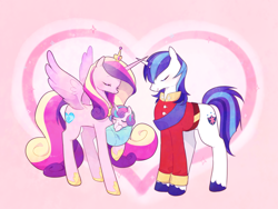 Size: 2000x1500 | Tagged: safe, artist:kkmrarar, character:princess cadance, character:princess flurry heart, character:shining armor, species:alicorn, species:pony, species:unicorn, ship:shiningcadance, clothing, colored hooves, family, female, filly, heart, heart background, hoof sucking, horn, horns are touching, male, mare, shipping, stallion, straight, uniform, unshorn fetlocks