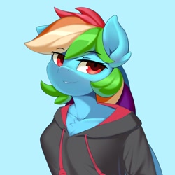 Size: 800x800 | Tagged: safe, artist:iloota, character:rainbow dash, species:anthro, species:pegasus, species:pony, blue background, bust, cleavage fluff, clothing, female, hoodie, looking at you, mare, simple background, solo, wip