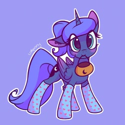 Size: 750x750 | Tagged: safe, artist:lollipony, character:princess luna, species:alicorn, species:pony, basket, blue background, blushing, clothing, cute, dawwww, eye clipping through hair, female, floppy ears, halloween, holiday, looking at you, lunabetes, mare, mouth hold, ponytail, pumpkin bucket, s1 luna, simple background, smiling, socks, solo, white outline