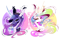 Size: 2994x1995 | Tagged: safe, artist:marbola, character:princess celestia, character:princess luna, species:alicorn, species:pony, bust, digital art, drink, eyes closed, female, looking at you, magic, mare, royal sisters, siblings, sisters, slushie, smiling, smoothie