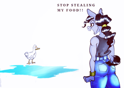 Size: 900x640 | Tagged: safe, artist:pantheracantus, oc, oc only, species:anthro, species:bird, angry, clothing, female, goose, jeans, pants, ponytail, simple background, untitled goose game, yelling