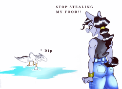 Size: 900x663 | Tagged: safe, artist:pantheracantus, oc, oc only, species:anthro, species:bird, angry, clothing, female, goose, jeans, pants, ponytail, simple background, untitled goose game, yelling