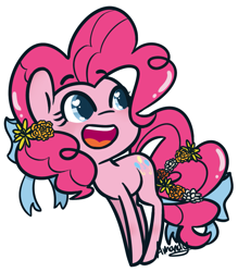Size: 1165x1331 | Tagged: safe, artist:lilliesinthegarden, character:pinkie pie, species:earth pony, species:pony, bow, cute, diapinkes, female, flower, flower in hair, hair bow, heart eyes, mare, open mouth, simple background, solo, tail bow, white background, wingding eyes