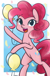 Size: 1266x1920 | Tagged: safe, artist:lilliesinthegarden, character:pinkie pie, species:earth pony, species:pony, balloon, bipedal, confetti, cute, diapinkes, female, mare, open mouth, solo