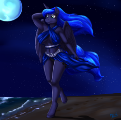 Size: 2550x2524 | Tagged: safe, artist:brushstroke, character:princess luna, species:alicorn, species:anthro, species:pony, species:unguligrade anthro, armpits, beach, belly button, bocas top, breasts, busty princess luna, eyeshadow, female, makeup, midriff, moon, solo