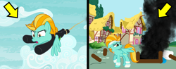 Size: 1296x506 | Tagged: safe, artist:kayman13, character:lightning dust, species:pony, episode:the washouts, g4, my little pony: friendship is magic, angry, arrow, arrows, bandage, destruction, female, mare, noughtpointforlive, rope, sad, smoke